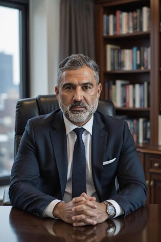 Professional man in a dark suit and tie sits at a polished desk in an office, hands folded, with a bookshelf in the background.