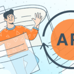 Person on a curved page reaches toward a large API circle with arrows, symbolizing API integration.