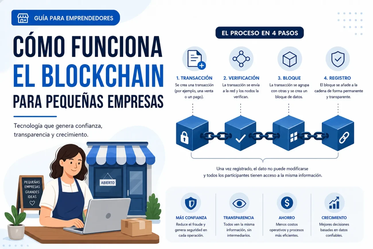 como-funciona-el-blockchain-para-pequenas-empresas | 49k Noticias Infografía en español sobre cómo funciona el blockchain para pequeñas empresas: pasos de transacción, verificación, bloqueo y registro junto a una emprendedora con portátil frente a una tienda abierta.