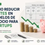 Portada de blog con el título 'Cómo reducir costes en modelos de negocio para startups', monedas apiladas y cerdito ahorrador junto a un gráfico descendente