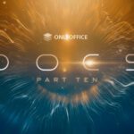 Abstract banner with orange‑blue light waves, displaying 'DOCS PART TEN' and the ONLYOFFICE logo behind the glow.