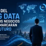 Hombre de negocios de espaldas frente a paneles holográficos con mapas y gráficos sobre Big Data en los negocios.